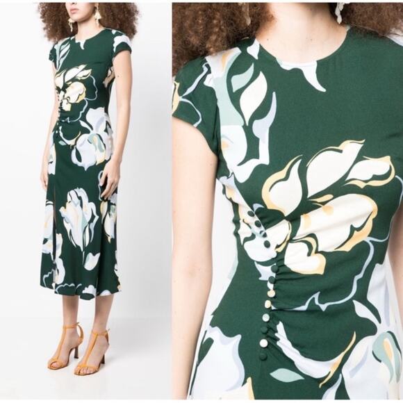 Reformation Frasier Lyra Floral Cap Sleeve Ruched Green Midi Dress Sz 12 - Picture 3 of 8